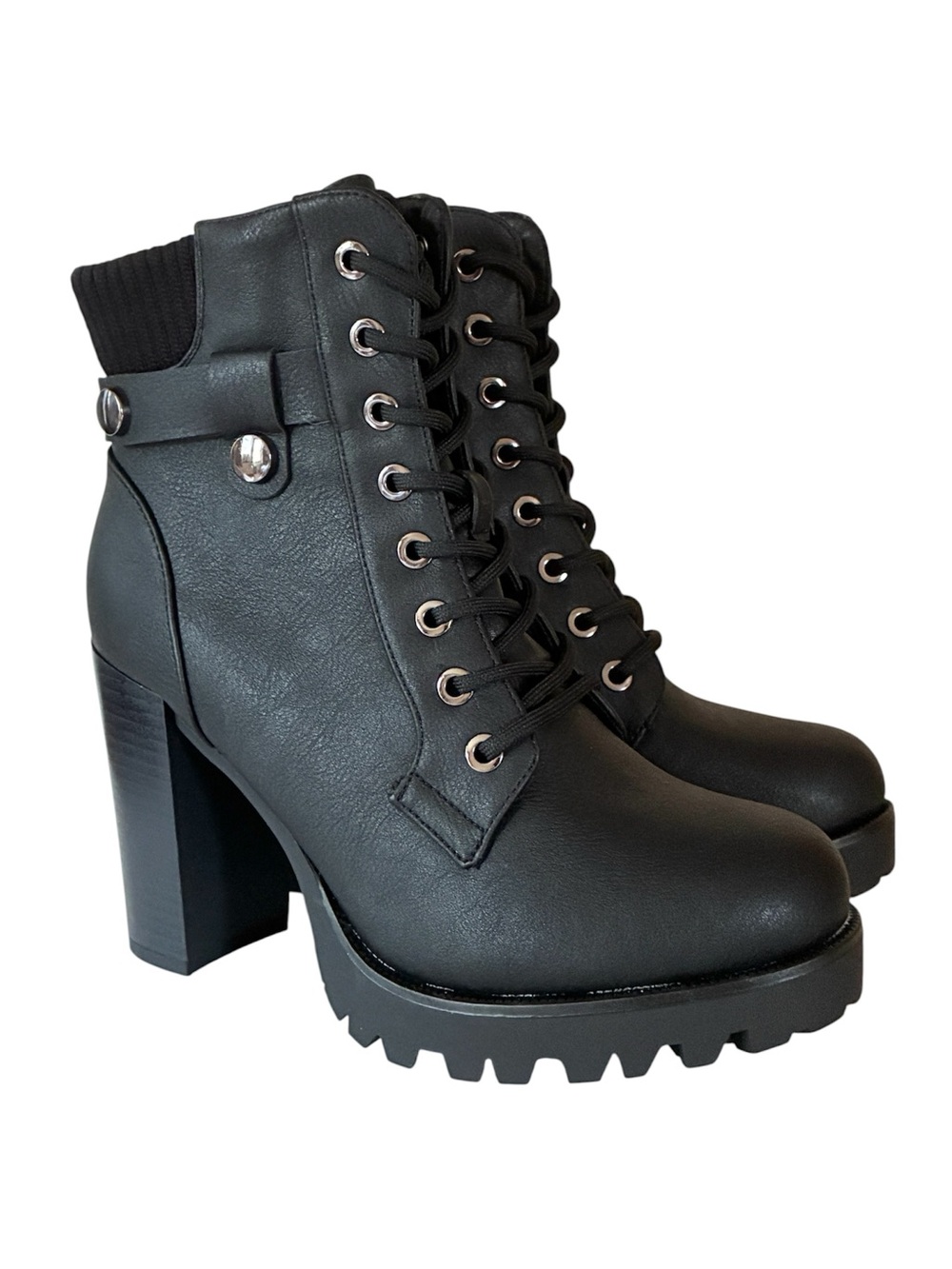Dream Pairs Black Lace-Up Combat Ankle Boots Chunky Lug High Block Heel